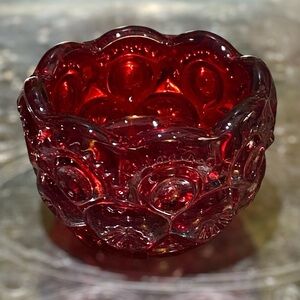 LE Smith Salt Dip Cellar Moon & Stars Ruby Red c1960s Mid Century Glass Vintage